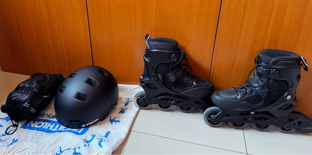 Decathlon Inline skates with helmet, hand & knee gears (Category: Skates, Rollerblades & Scooters) located in Cavite. Submitted by queenvenus (Listing ID 1283496871, Image 1). Description: Decathlon Inline Skates with Helmet, hand & knee gears. Size 38. -Minor scratches. -Works perfectly. .