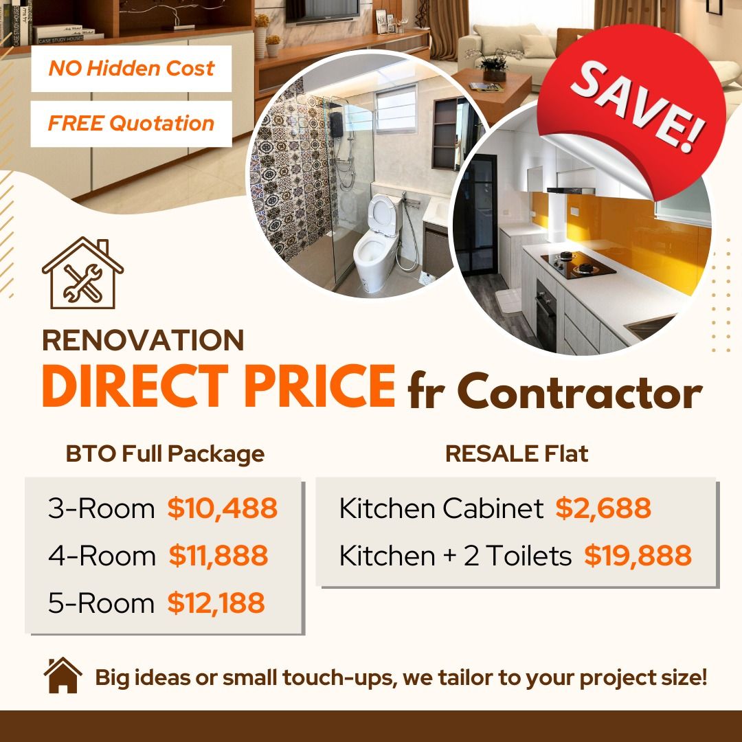 来自承包商的直接价格，用于房屋翻新和室内设计 - 组屋BTO、转售组屋、公寓、执行共管公寓、独立式住宅 - 厨房橱柜、电视柜、特色墙、衣柜、床架、木工工程62863092739201112