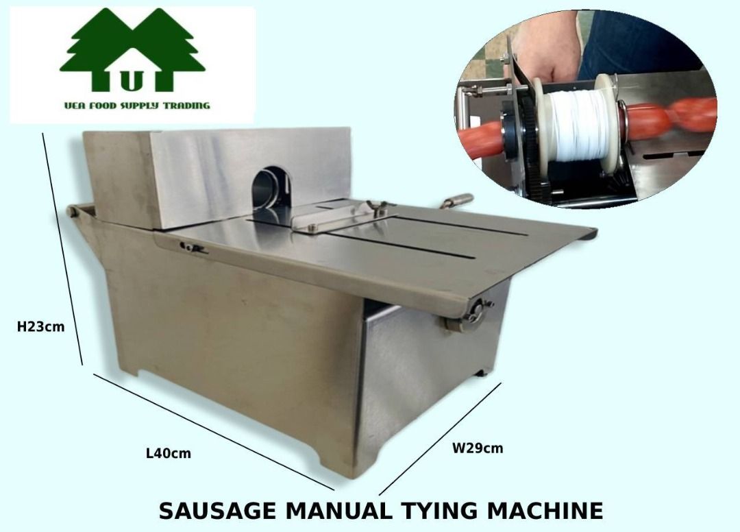 MANUAL LINKER/ TIE MACHINE FOR SAUSAGE (Category: Packaged & Instant Food) located in Malabon City. Submitted by ueafoodsupply7461 (Listing ID 1283521300, Image 1). Description: Longganisa Linker Sausage tying machine Available size: Version2 - Diameter 50mm Weight: approx 7kgs Dimension: 29x23x40 cm Table mount type 60-80 ties per minute Continuous Linker All metal Available video on Youtube: Longganisa Linker Includes extra roll of string Good 