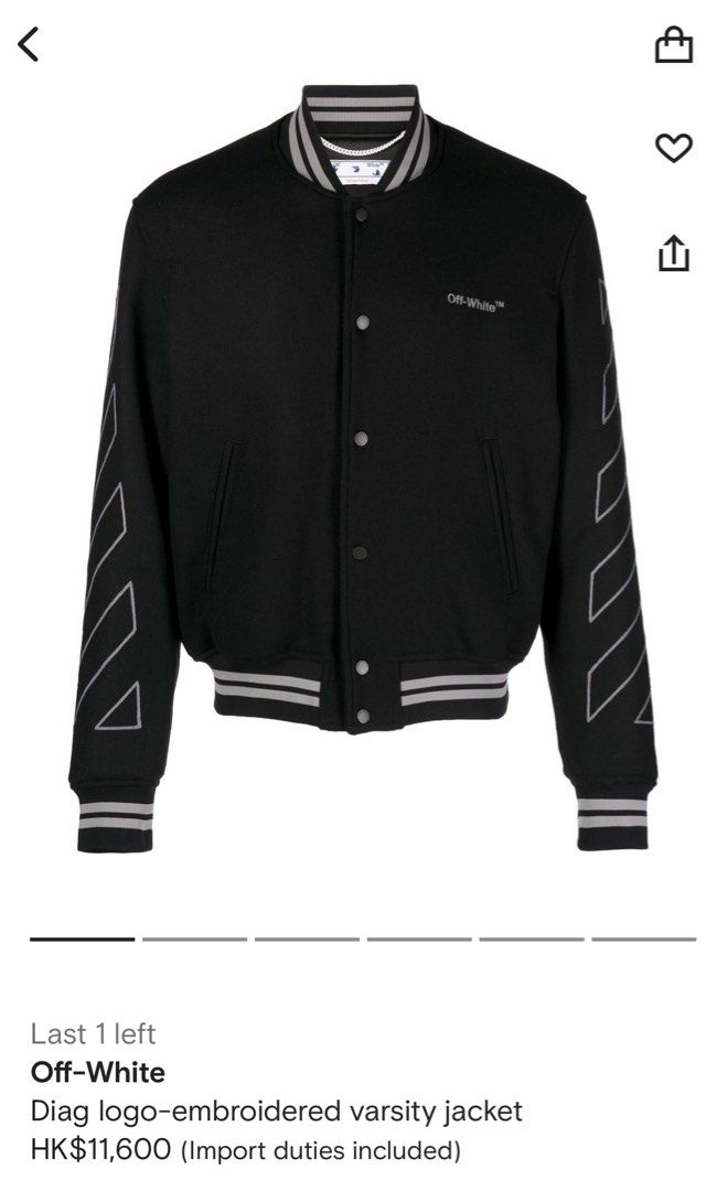 Off-White Diagonal Pattern Varsity Jacket （分類：服裝）位於 Hong Kong。 由 odc_duck 提交（商品編號 1283472379，圖片 3）。簡介： Off-White Diagonal Pattern Varsity/ Bomber Jacket Grey Size S 98% New 交收互就 。