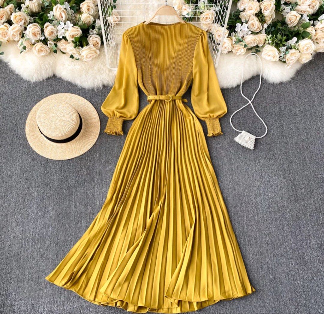 Pleated dress mustard yellow Women s Fashion Dresses Sets