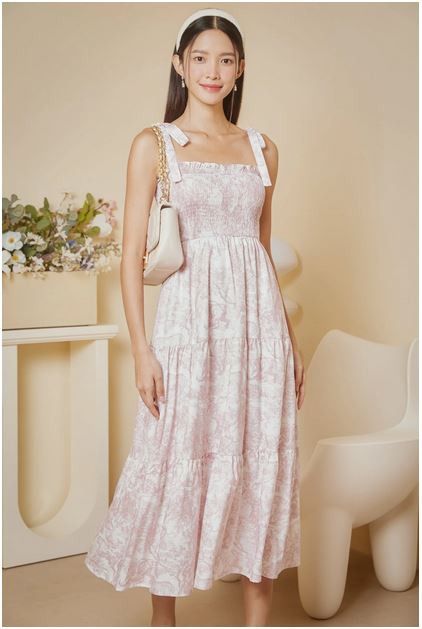 Riviera Tie-Strap Smocked Dress in Peony, Women's Fashion, Dresses & Sets,  Dresses on Carousell