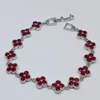 Ruby Four Leaf Clover Bracelet. 16cm wrist size only. 18K plated Platinum. UV reactive.