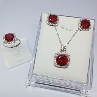 SALE 💘 RUBY JEWELRY SET. 6 carat stone. (necklace, ring & earrings). All UV reactive. 18K Plated. Platinum.
