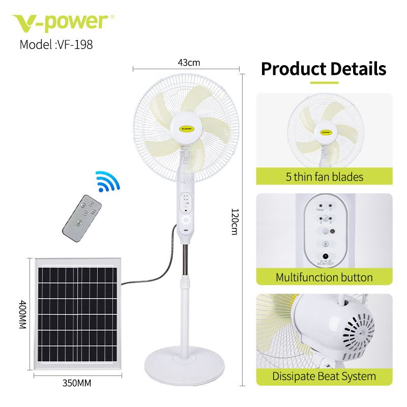 V-power VF-198 Solar fan with panel Electric Fan Rechargeable fan Built ...