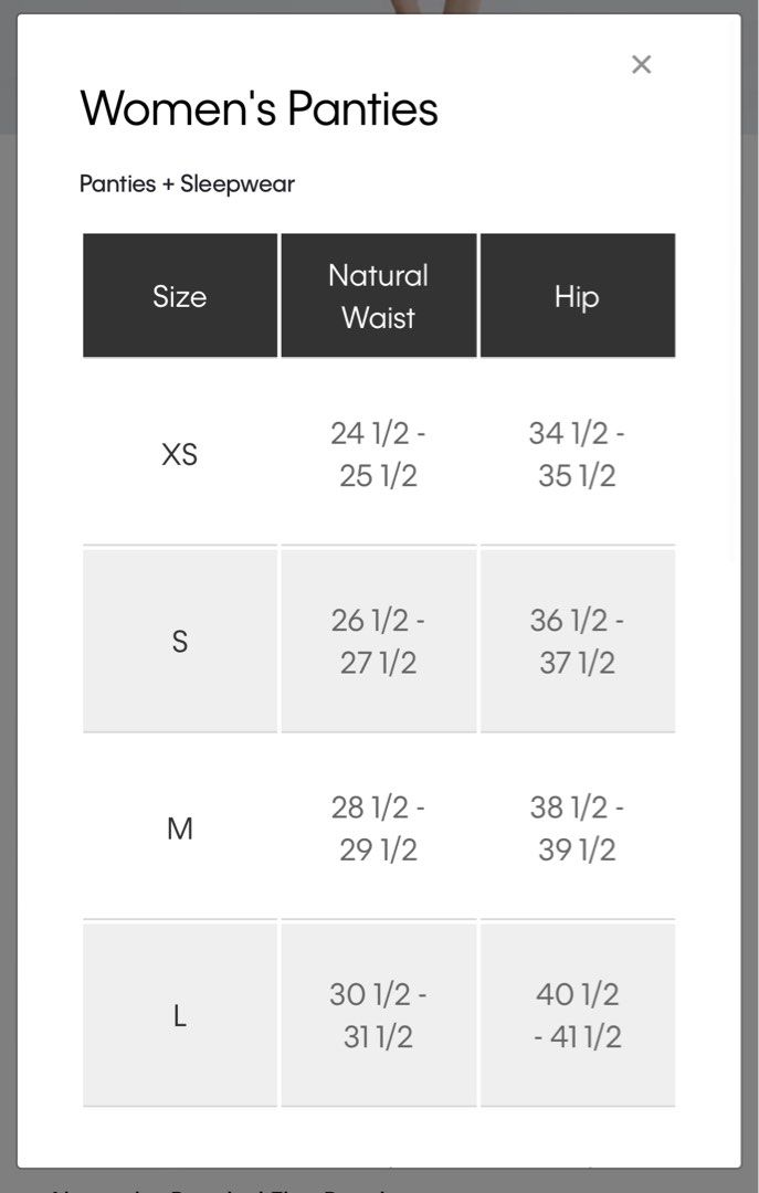 Ck panty store size chart