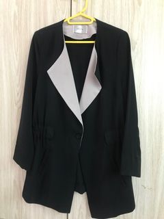 Black  Long Coat with white accent and waist-cinched