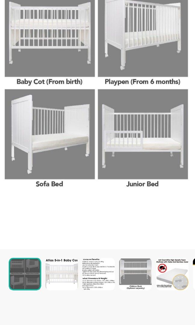 BONBIJOU Atlas 5 in 1 Baby Cot bed mattres Babies Kids Baby