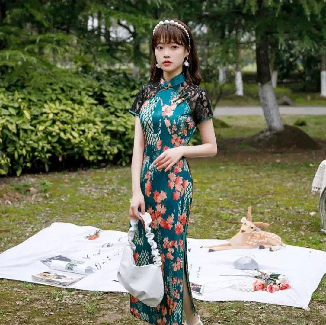 Ladies A Line Green Chinese Modern Cheongsam Costume Qipao Dress – FloraShe