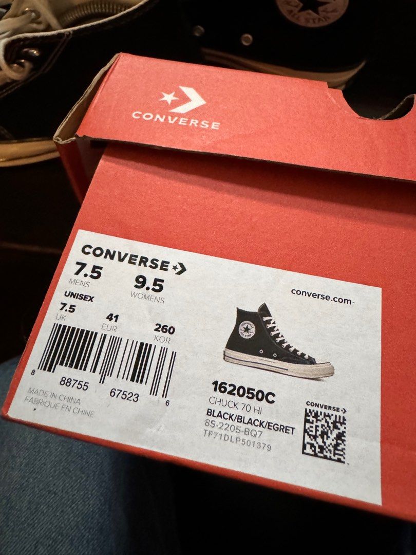 Converse Chuck 70 Hi 7.5 Mens (Category: Sneakers) located in Quezon City. Submitted by joe_kyusi (Listing ID 1285910521, Image 1). Description: Converse Chuck 70 Hi Model: 162050C / Black/Black/Egret Production Date: May 2022 7.5 Mens (26Cm) Used occasionally / with original Box Original / Made in China Ordered in Converse Outlet - Korea .