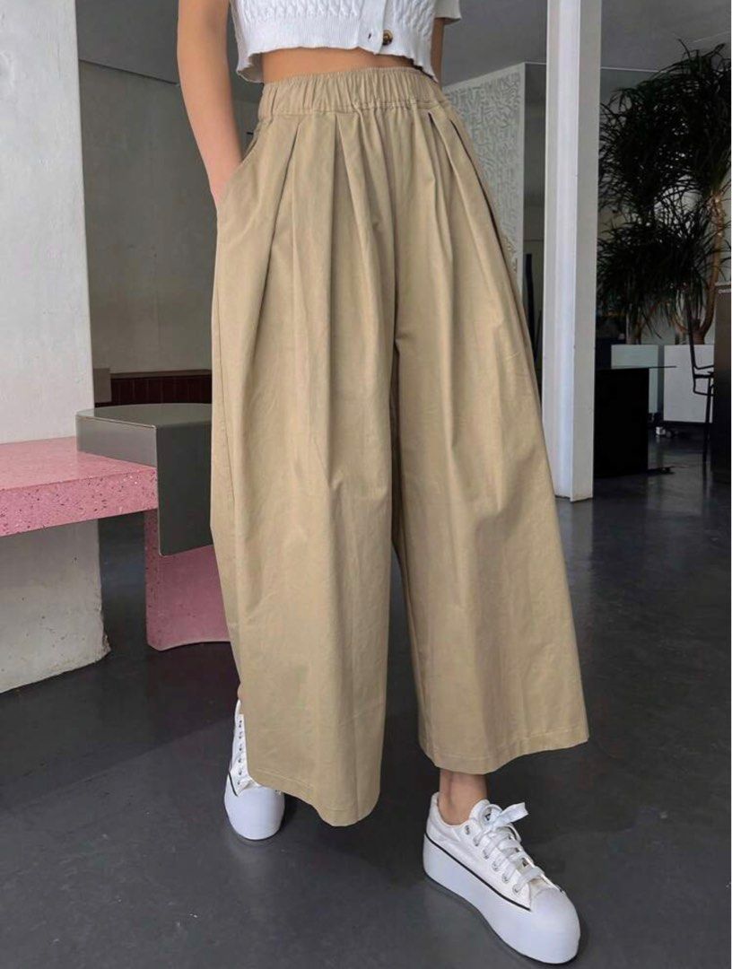 SHEIN EZwear Solid Slant Pocket Linen Wide Leg Pants