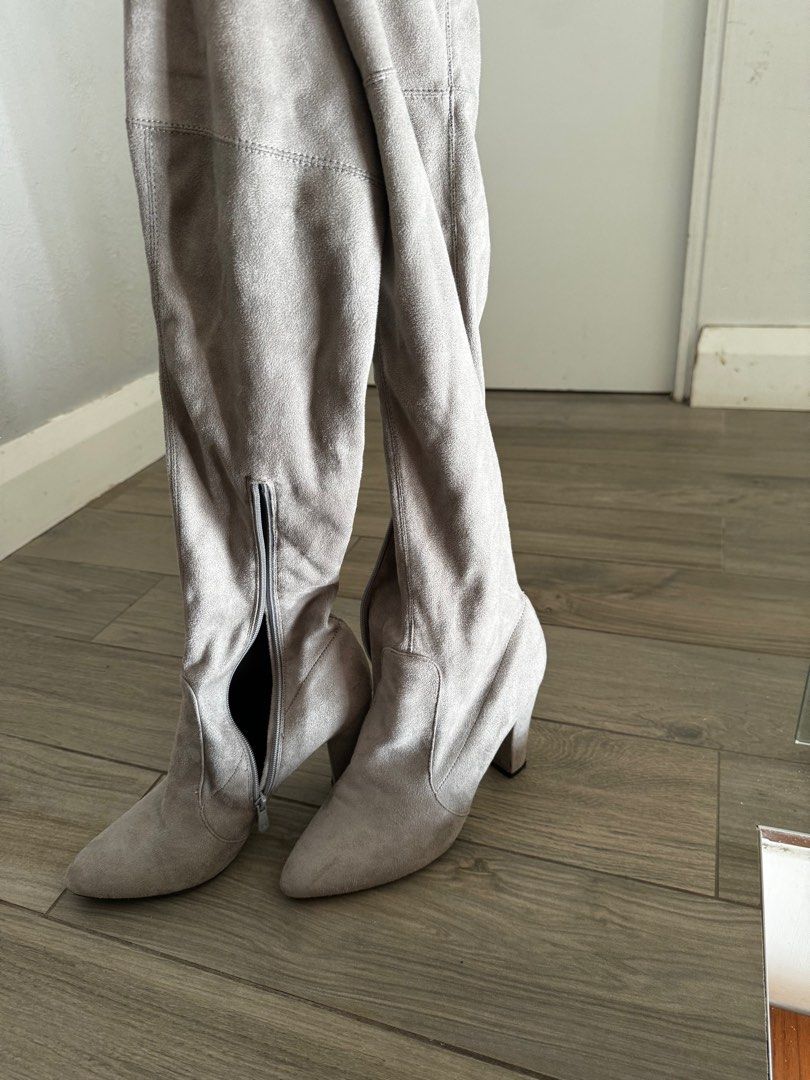 Grey Suede Thigh High Boots Women s Fashion Shoes on Carousell
