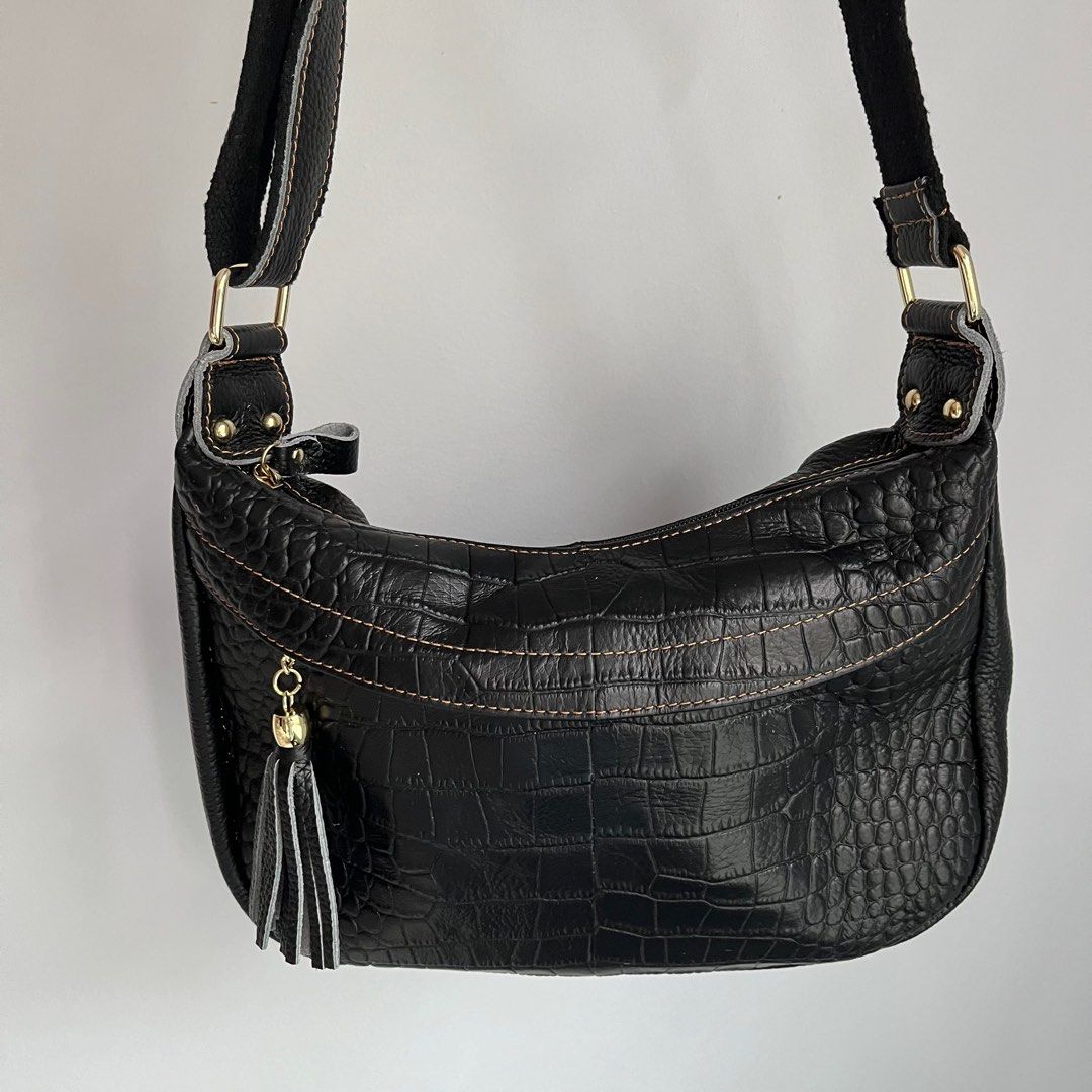 REAL LEATHER CROCODILE SKIN BLACK SHOULDER BAG