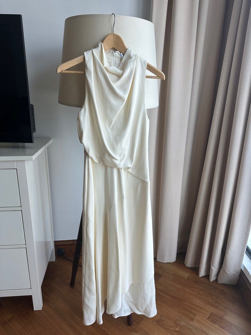 Reiss Giana High Neck Draped Midi Dress, Ivory, 6