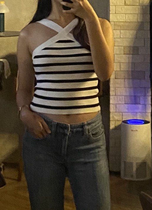 Striped print halter top (Category: Sleeveless) located in Quezon City. Submitted by shemboti (Listing ID 1285862073, Image 1). Description: Used once. High quality. Very flattering when worn. Size: S .