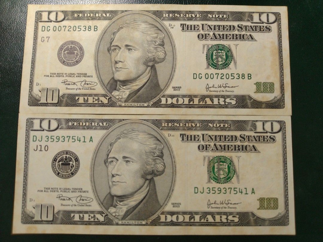 10元美金2003年發行| 早期美國十元鈔美金美鈔舊鈔紙鈔鈔票紙幣United States ten-dollar bill 有泛黃| 高雄可自取,  書籍、休閒與玩具, 收藏、紀念品, 錢幣、紙鈔在旋轉拍賣