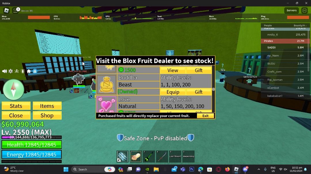 Blox Fruits account (good for main has other robux items