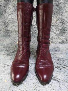 Burgandy Leather Chunky Heels Boots