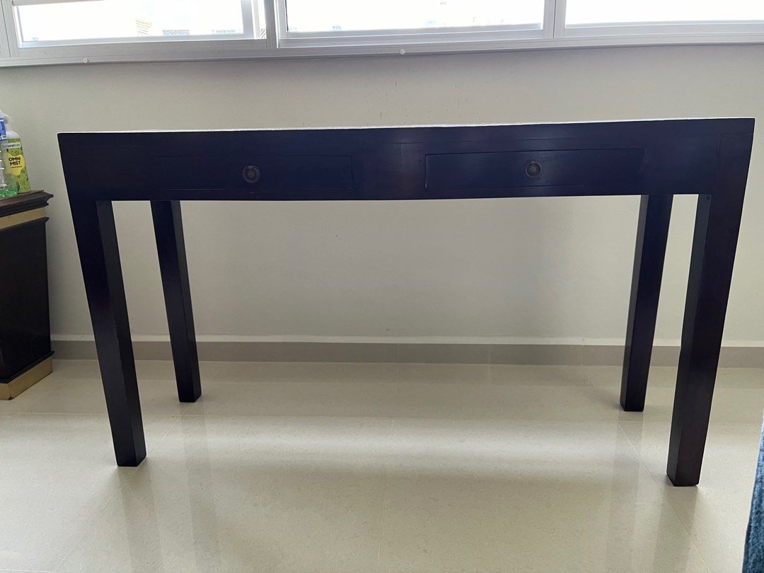 Console table (Category: Tables & Sets) located in Singapore. Submitted by mkaeren (Listing ID 1286044118, Image 1). Description: Solid wood antique study table with 2 drawers. Dimensions (WxDxH) 135”x40”x78”. Self-pickup only (heavy) or arrange your own transport. .