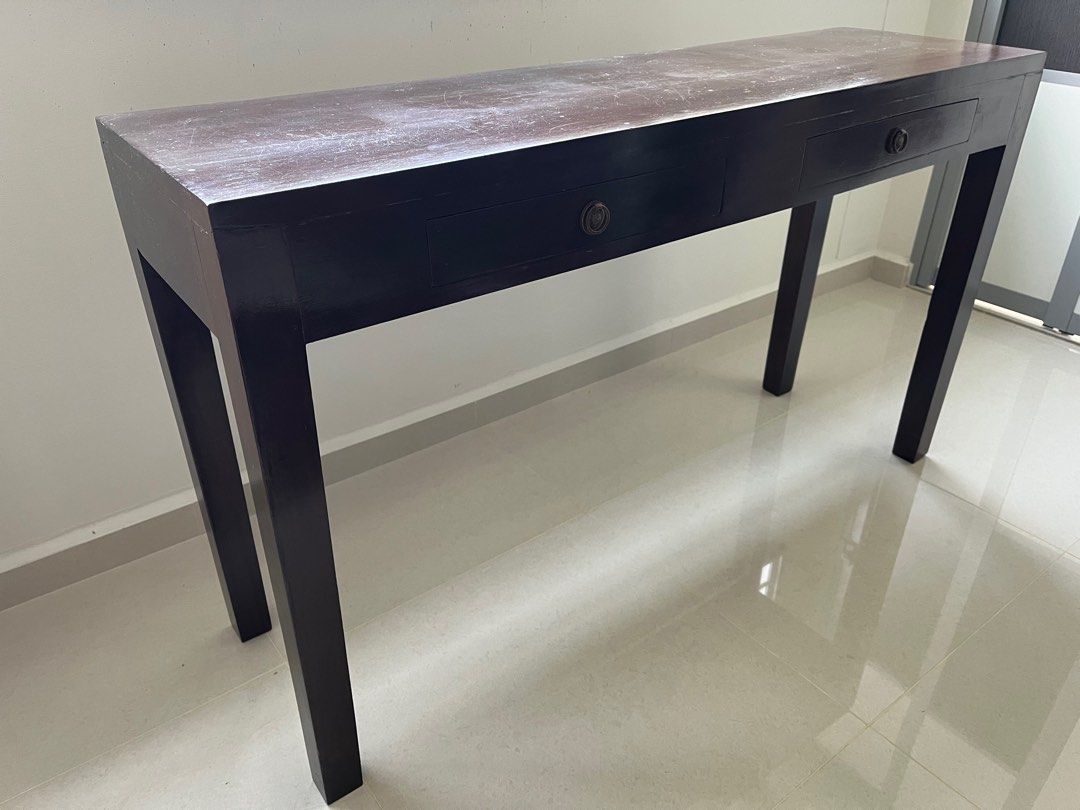 Console table (Category: Tables & Sets) located in Singapore. Submitted by mkaeren (Listing ID 1286044118, Image 2). Description: Solid wood antique study table with 2 drawers. Dimensions (WxDxH) 135”x40”x78”. Self-pickup only (heavy) or arrange your own transport. .