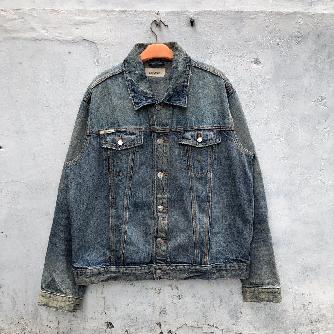 Essentials Fear of God Trucker Denim Jacket, Fesyen Pria, Pakaian