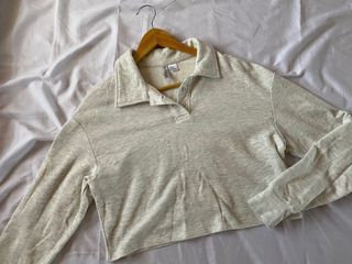 H&M Oversized Cropped Long Sleeve Polo Top (Gray)