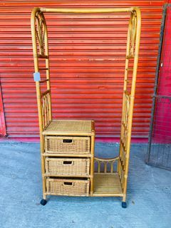 JAPAN SURPLUS FURNITURE (AS-IS ITEM) KOIZUMI RATTAN HANGING RACK WITH WHEELS/DRAWER IN GOOD CONDITION  SIZE 29.5L x 13.5W x 64.5H in inches