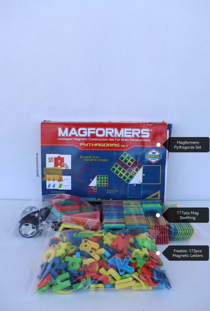 Magformers Mag Seething Magnetic Building Blocks (Category: Educational & Learning Toys) located in Valenzuela. Submitted by jgalano1 (Listing ID 1286088403, Image 1). Description: Toys Brand: Magformers, Mag Seething Condition: Used from Korea, in good condition. Age Recommendation: 3 to 10 years old. Features: Magformers: Pythagoras Set (47pcs) -8 geometric shapes -Math play cards -Compatible with all Magformers shapes and accessories -Neodymiu