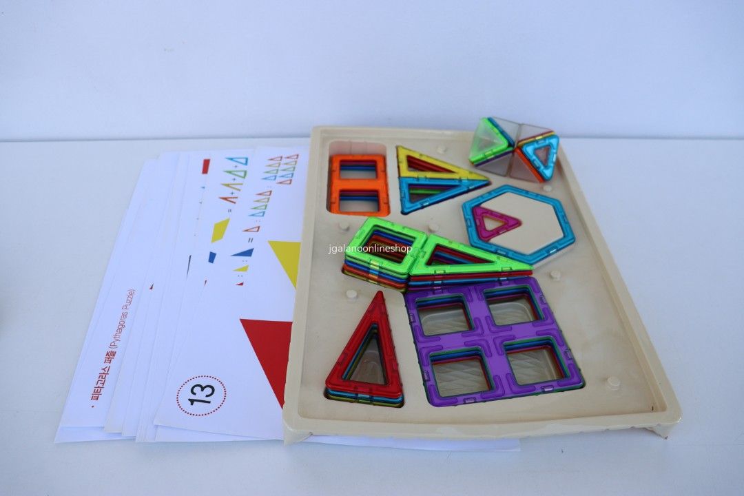 Magformers Mag Seething Magnetic Building Blocks (Category: Educational & Learning Toys) located in Valenzuela. Submitted by jgalano1 (Listing ID 1286088403, Image 2). Description: Toys Brand: Magformers, Mag Seething Condition: Used from Korea, in good condition. Age Recommendation: 3 to 10 years old. Features: Magformers: Pythagoras Set (47pcs) -8 geometric shapes -Math play cards -Compatible with all Magformers shapes and accessories -Neodymiu