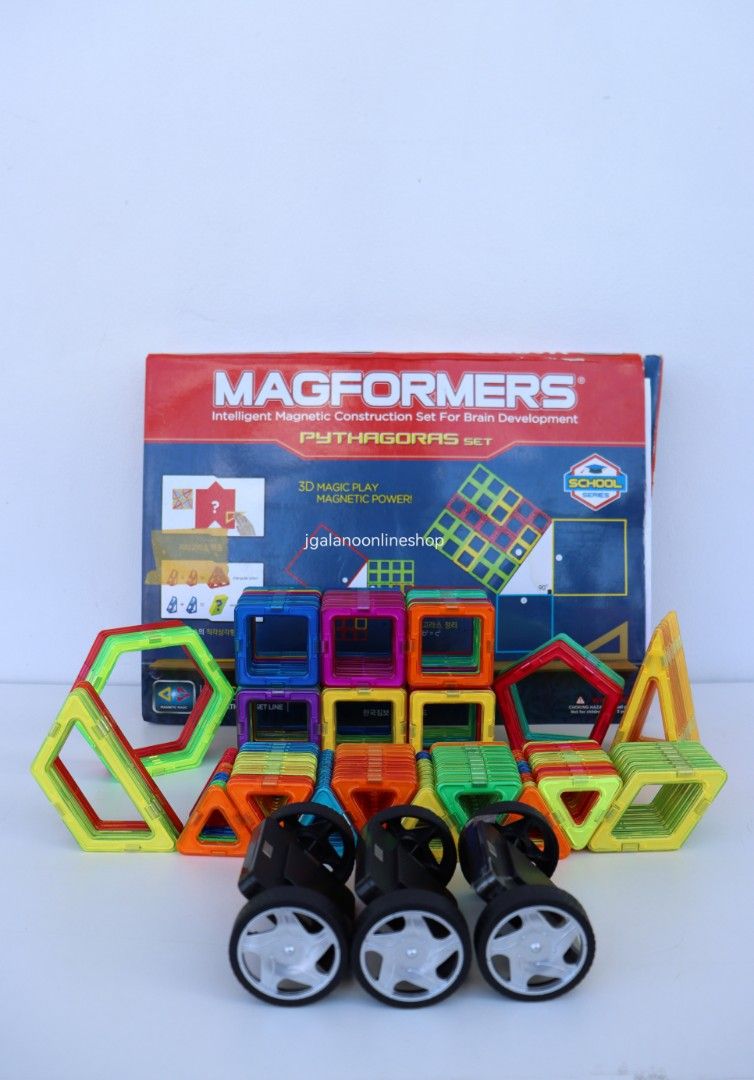 Magformers Mag Seething Magnetic Building Blocks (Category: Educational & Learning Toys) located in Valenzuela. Submitted by jgalano1 (Listing ID 1286088403, Image 3). Description: Toys Brand: Magformers, Mag Seething Condition: Used from Korea, in good condition. Age Recommendation: 3 to 10 years old. Features: Magformers: Pythagoras Set (47pcs) -8 geometric shapes -Math play cards -Compatible with all Magformers shapes and accessories -Neodymiu