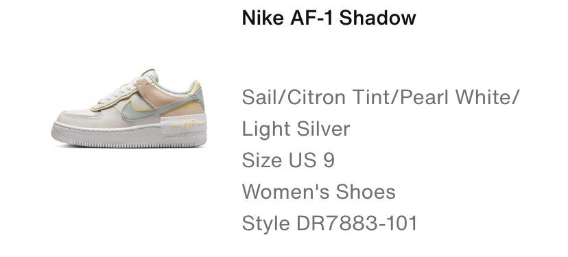 Nike Air Force 1 Shadow (Category: Sneakers) located in Quezon City. Submitted by _daynes (Listing ID 1286109272, Image 2). Description: Air Force 1 Shadow Sail/Citron Tint/ Pearl White/ Light Silver Women's US 9 Message me for more photos.