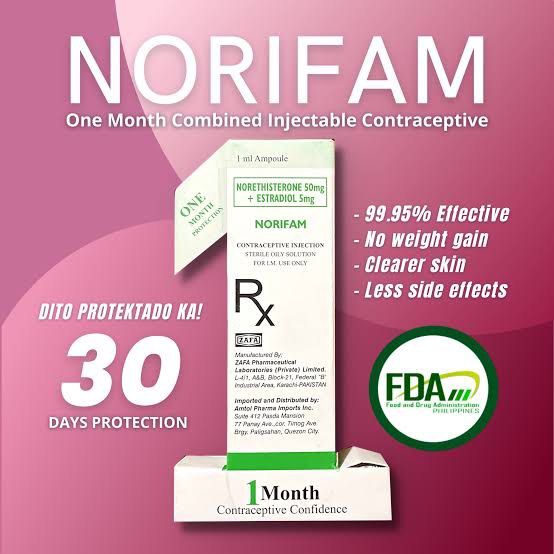 NORIFAM 1-Month Injectable (Category: Family Planning) located in Manila. Submitted by acirez (Listing ID 1286096374, Image 1). Description: NORIFAM 1-Month Combined Injectable Contraceptive, 1 Box FDA Registered! Direct supplier, can do bulk orders (with discount) Same day delivery available Payment: COD, Gcash, BPI .