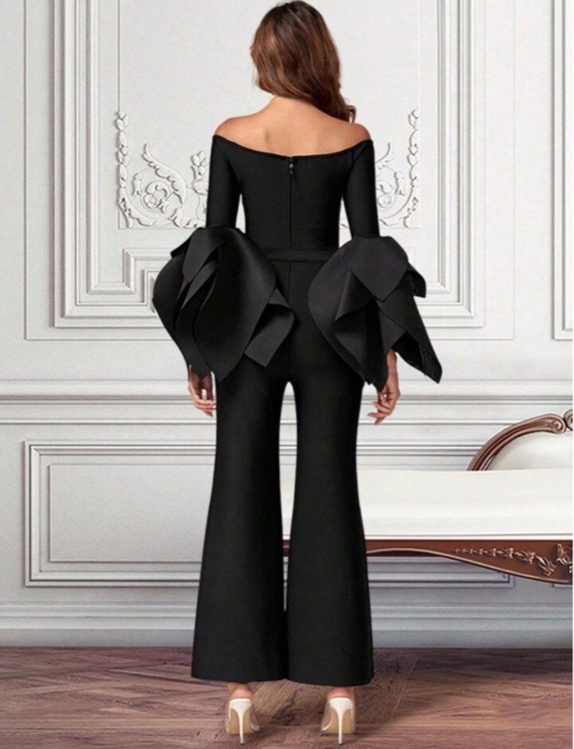 Off Shoulder Ruffle Split Sleeve Flare Leg Jumpsuit Women s Fashion Dresses Sets Jumpsuits on Carousell