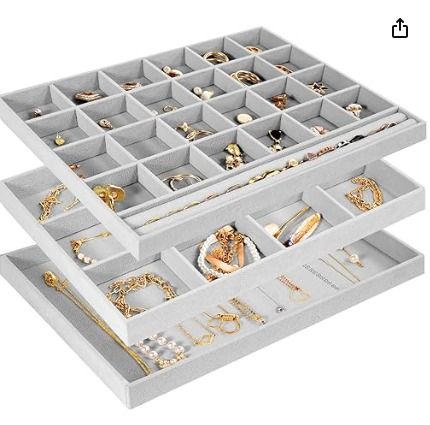 ProCase Set of 3 Stackable Jewelry Trays Organizer for Drawers Jewellery Drawer Insert Divider Jewel Display Storage Container with Removable Dividers for Ring Earring Necklace Bracelet Watch Grey CL...