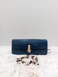 Teal Blue Structured bag with pearl sling