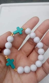 White beads & turquoise cross rosary bracelet with prayer pocket