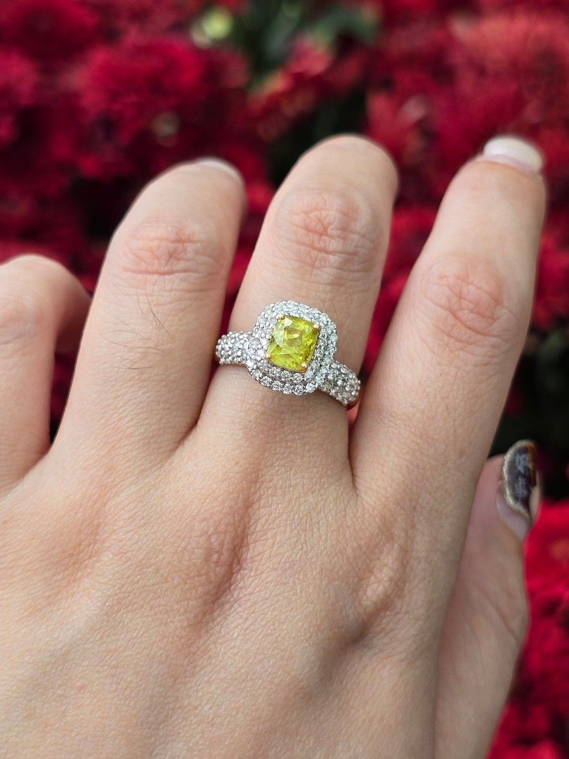 1.5ct Rare Neon Yellow Chrysoberyl Ring with diamonds Women s