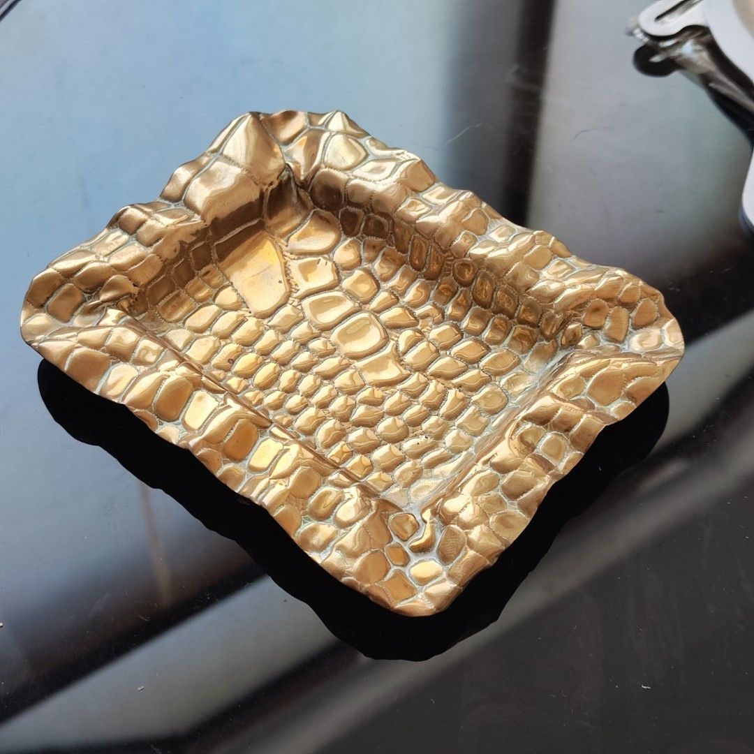 英國製 england brass alligator crocodile cigar ashtray plate 小型 黃銅 鱷魚 皮革