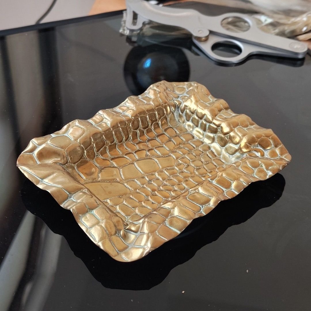 英國製 england brass alligator crocodile cigar ashtray plate 小型 黃銅 鱷魚 皮革