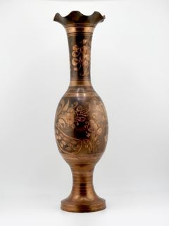 Elegant Indian Enameled and Etched Solid Brass Vase, 24 Tall
