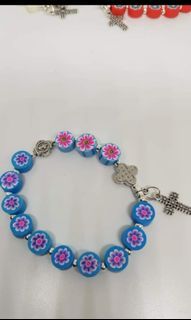 Beautiful polymer clay blue flower beads St Benedict protection rosary bracelet