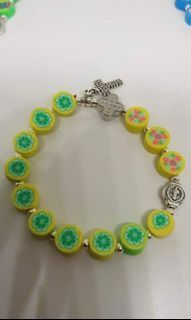 Beautiful polymer clay green flower beads St Benedict protection rosary bracelet