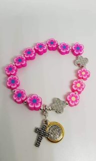 Beautiful polymer clay pink flower protection rosary bracelet