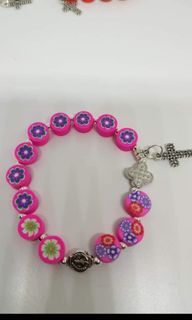 Beautiful polymer clay pink flower beads St Benedict protection rosary bracelet