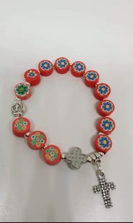 Beautiful polymer clay red flower beads St. Benedict protection rosary bracelet