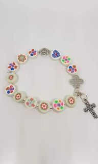 Beautiful polymer clay white flowers beads St. Benedict protection rosary bracelet