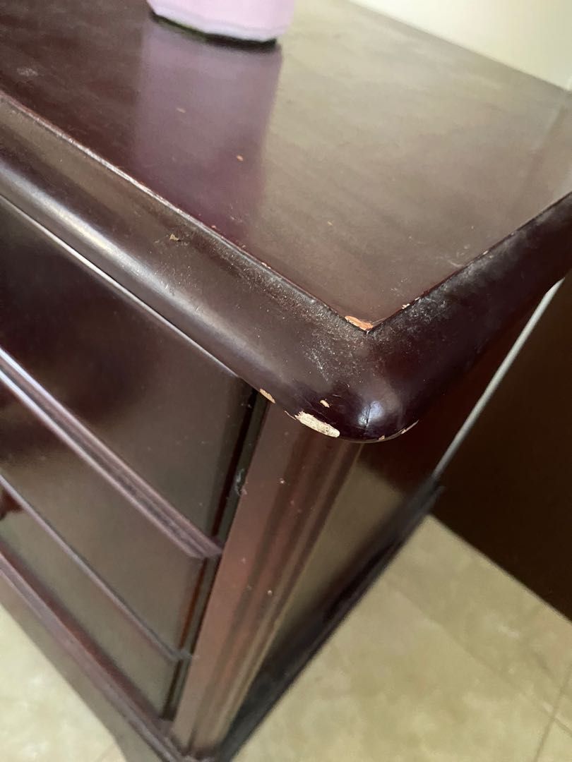 Bedside Table / dresser wood (Category: Tables & Sets) located in Mandaluyong City. Submitted by dobypreloved (Listing ID 1286207549, Image 3). Description: Flaws seen in pic Really good quality and sturdy, just has a few scratches as seen in the photos Pickup in Batino SLEX (ciudad de calamba).