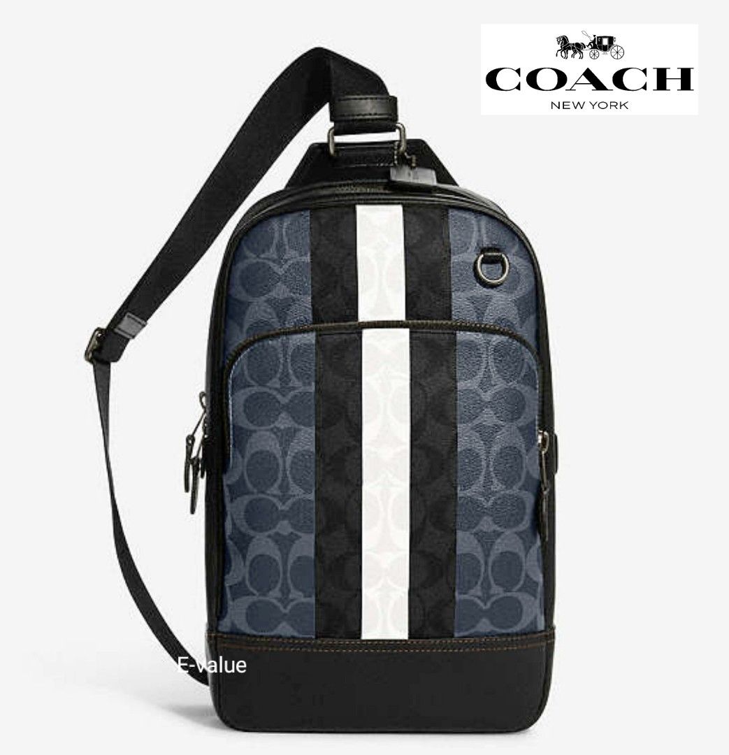 Coach Original GRAHAM PACK IN SIGNATURE CANVAS WITH VARSITY STRIPE Crossbody Sling Backpack For Men Come With Complete Set Suitable For Gift
