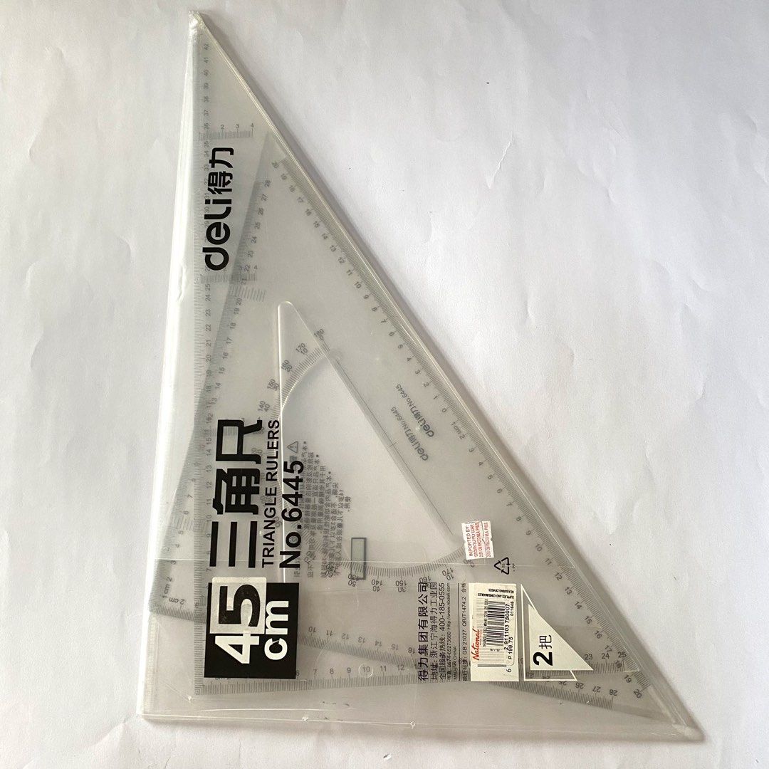 Deli Triangle Rulers (2pcs) (Category: Stationery & School Supplies) located in Malabon City. Submitted by a_closet (Listing ID 1286228849, Image 1). Description: Deli Triangle Rulers 2pcs Both in good condition.