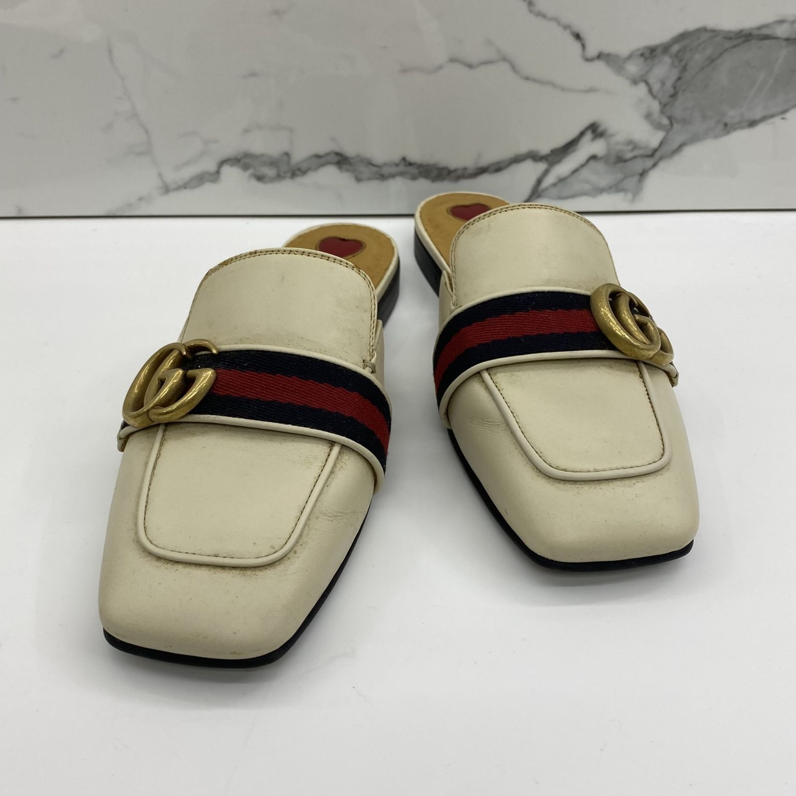 GUCCI 423694 PEYTON MARMONT SLIP ONS SIZE 34.5 SANDALS 247003638 WE
